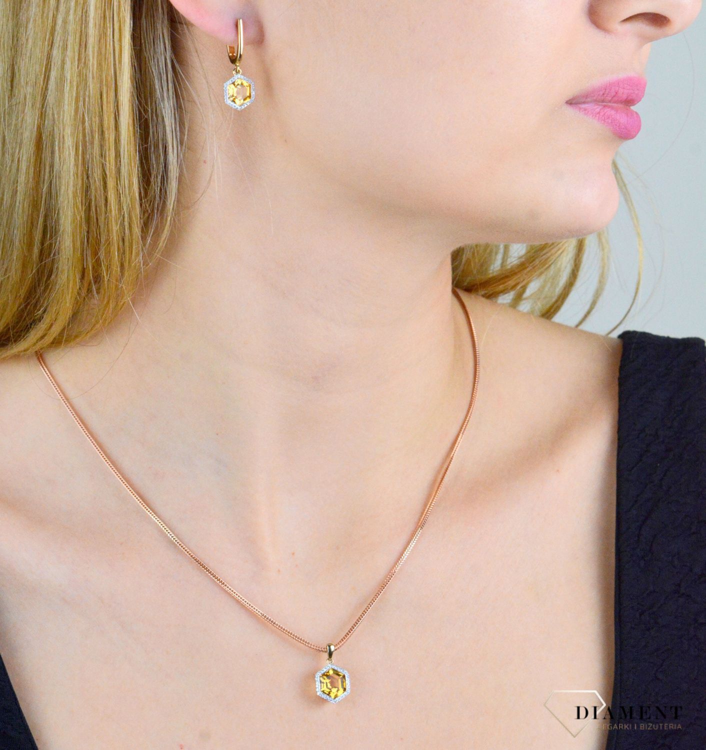 Zawieszka złota damska 585 diamenty z kamieniem naturalnym Cytryn 30 diamentów 0,09 ct P84152Y CT. Zawieszka z diamentami. Biżuteria z diamentami. Złota zawieszka z diamentami i cytrynem. Złota zawieszka damska z diamentami..jpg